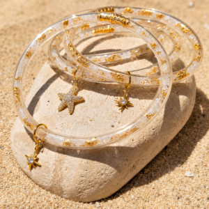 Jonc d'ibiza blanc fragmentde sel et feuille d'or étoile